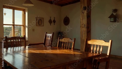 Warm Sunlight Illuminates a Rustic Dining Room with Wooden Furniture.