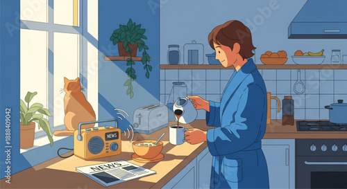 Woman in blue pajamas making coffee in kitchen with cat