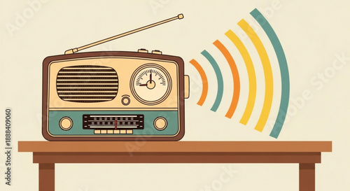 Vintage radio broadcasting waves on wooden table