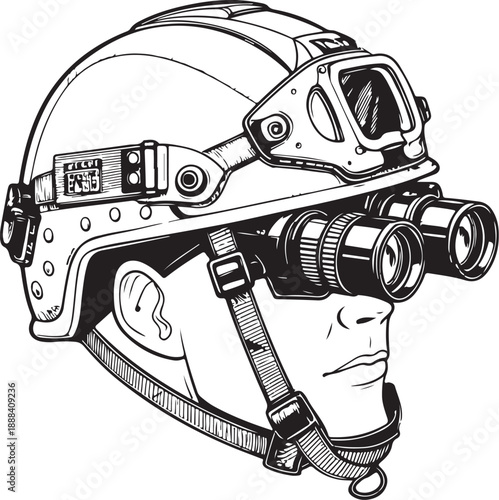 Tactical helmet with night vision Military Hand-drawn Sketch Drawing Vector Illustration, Line Linear Symbol Engraving Coloring Book, Black and White Isolated