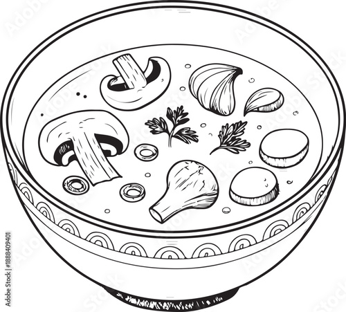 Tom Kha Gai Thai Soup Dish Hand-drawn Sketch Drawing Vector Illustration, Line Linear Symbol Engraving Coloring Book, Black and White Isolated