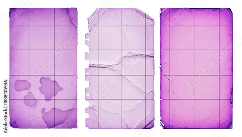 Collection of three different magenta vintage graph paper templates with stains and torn edges, vector illustration.