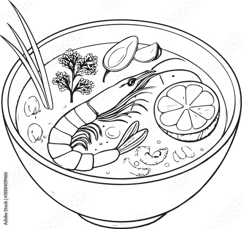 Tom Yum Goong Thai Soup Dish Hand-drawn Sketch Drawing Vector Illustration, Line Linear Symbol Engraving Coloring Book, Black and White Isolated