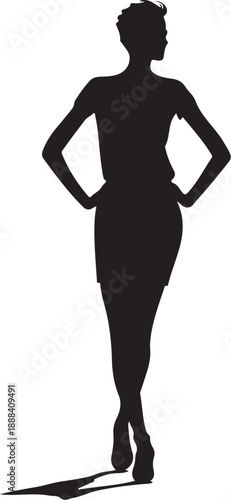 Silhouette of a top model woman posing, Hand-drawn Sketch Drawing Vector Illustration, Line Linear Symbol Engraving Coloring Book, Black and White Isolated