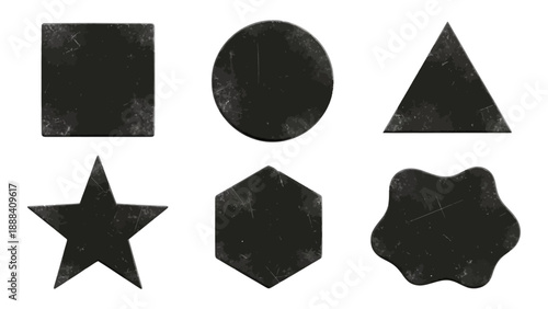 Black distressed shapes set square circle triangle star hexagon abstract vintage elements isolated vector illustration.