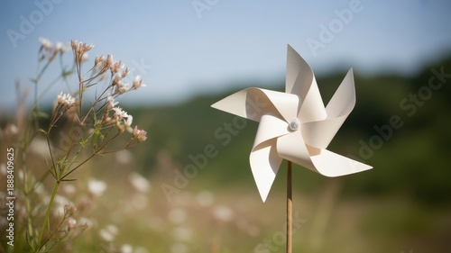 Paper pinwheel spinning in a field of wildflowers