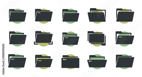 Collection of assorted folder icon set arranged in a grid pattern, showcasing various designs and styles