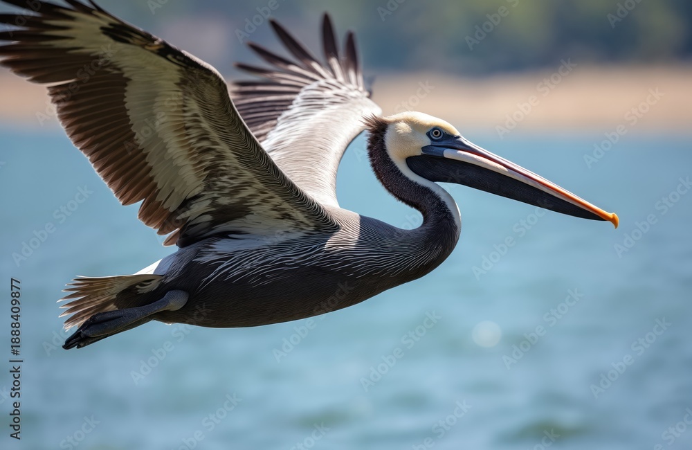 Fototapeta premium Brown pelican flies over blue water, its wings spread wide. Large bird with long beak glides through air above the sea, showing detailed feathers. Wildlife scene with avian flight.