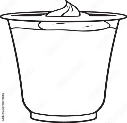 Yogurt in Plastic Cup (Dairy Product) Hand-drawn Sketch Drawing Vector Illustration, Line Linear Symbol Engraving Coloring Book, Black and White Isolated
