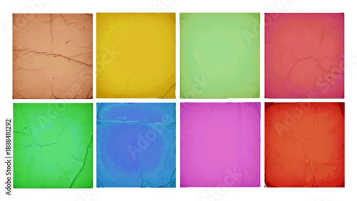 Set of eight rainbow vintage old crumpled paper textures background with wrinkles vector illustration.