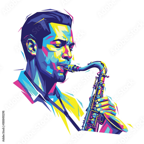 Vibrant Pop Art Portrait of a Musician Playing Saxophone.