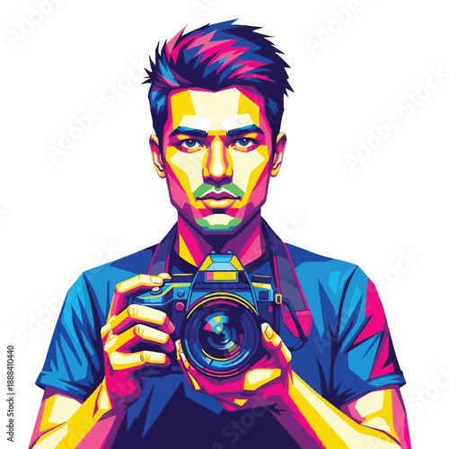Vibrant Pop Art Portrait of a Photographer Holding a Camera.