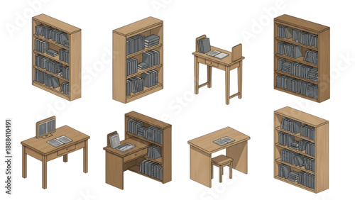 Bookshelves and Reading Tables CAD Vector Set for Interior Design