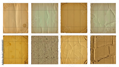 Collection of crumpled vintage paper sheets with aged yellow and brown tones, vector illustration.