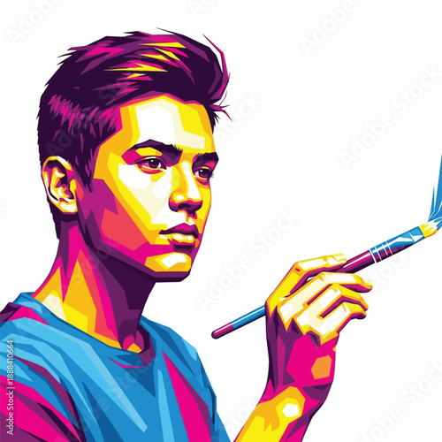 Vibrant Pop Art Portrait of a Young Man Holding a Paintbrush.