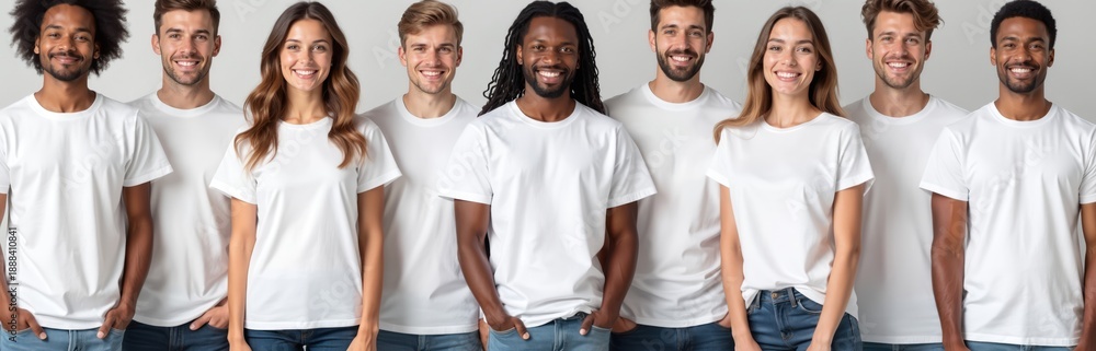 Fototapeta premium Diverse group of smiling people wear blank white t shirts in studio setting. Friends show empty shirts for customization graphic design or logo print. Casual wear collection.