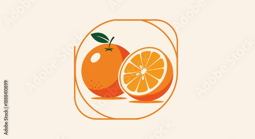 Minimalist Illustration of Fresh Orange with Half Slice and Green Leaf in Abstract Style
