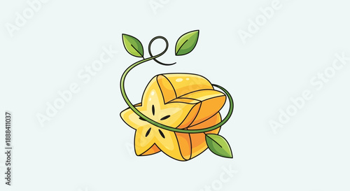 Cute and Whimsical Starfruit Character Wrapped in Green Vines with Leaves