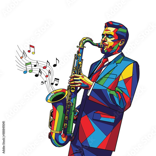Vibrant Saxophone Player in Geometric Style with Musical Notes.