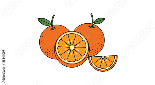Stylized digital illustration of fresh oranges and orange slices with vibrant colors and simple