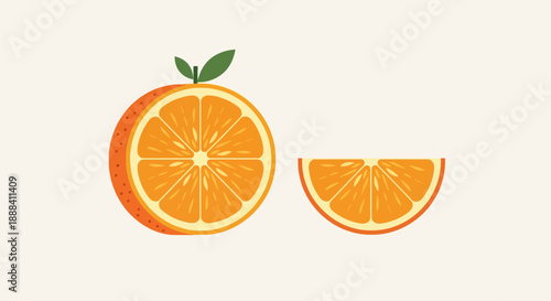 Cartoon Illustration of an Orange with a Half Slice and Fresh Green Leaves