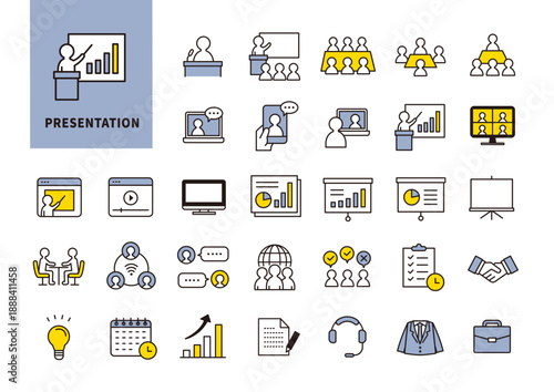会議や発表の場面を中心に構成したビジネスコミュニケーションアイコンセット