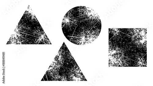 Set of distressed geometric shapes: triangle, circle, square on transparent vector illustration.