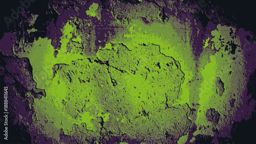 Grunge wall texture with peeling paint in vibrant green and purple tones vector illustration.