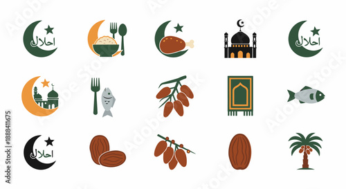 Ramadan Spiritual Essentials Icons Set Illustration featuring Mosque, Dates, Crescent, Palm, and Star