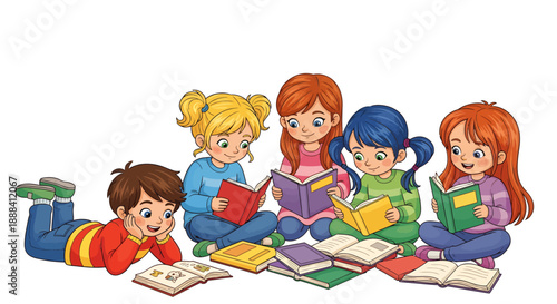 A group of children reading books together on the floor