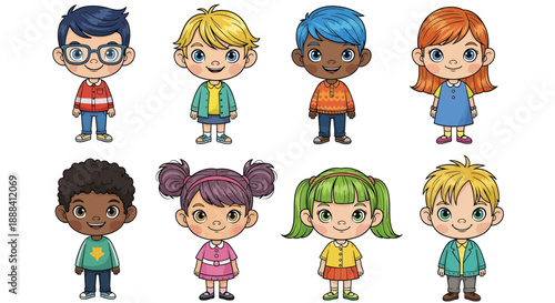 Diverse group of eight cartoon children standing together
