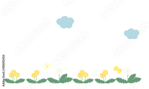 手描きの春の空とタンポポの罫線のイラスト