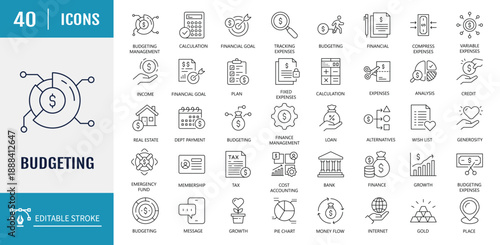 Budgeting icon set. Containing icons related to budgeting. Budgeting icon set. Outline Icon Collection. Vector Illustration with editable strokes