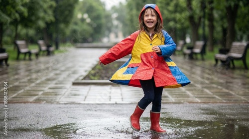 Smiling girl twirling in raincoat and rubber boots on wet pavement  