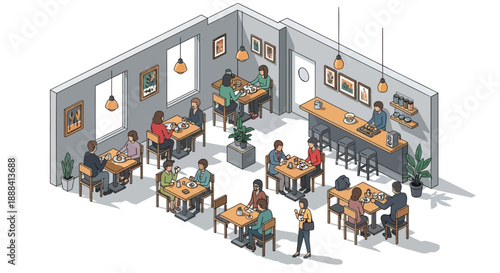 Isometric cafe interior with customers eating and staff serving vector