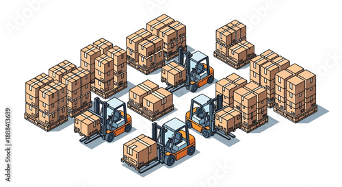 Isometric warehouse scene with multiple forklifts moving pallets vector