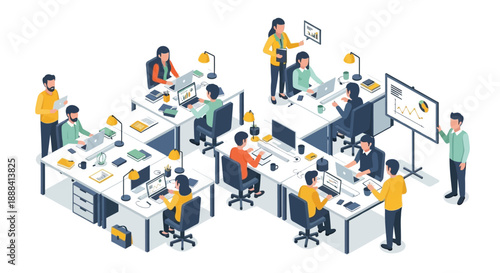 Isometric open plan office with employees working and meeting vector