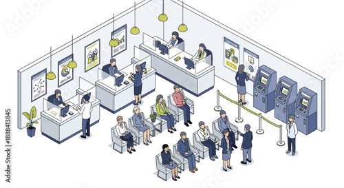 Isometric bank interior with tellers customers and atm machines vector