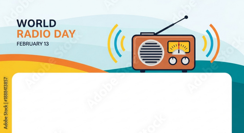 World radio day poster with vintage orange radio on colorful
