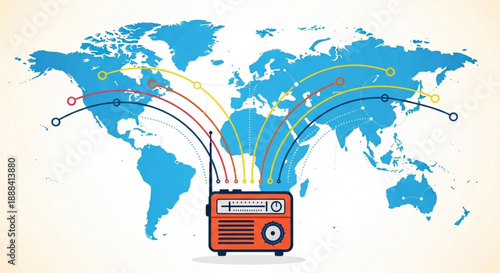 Vintage radio broadcasting globally with colorful lines on world map