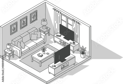 Isometric living room interior with furniture and tv line art vector