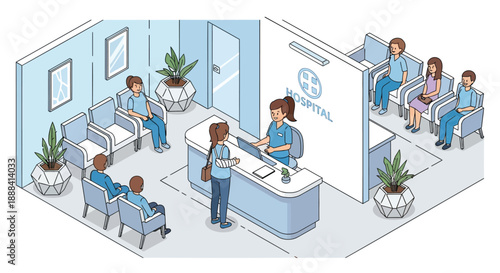Isometric hospital waiting room with reception desk and patients vector