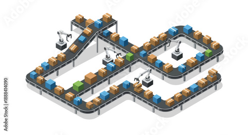 Isometric automated factory conveyor belt with robotic arms sorting boxes