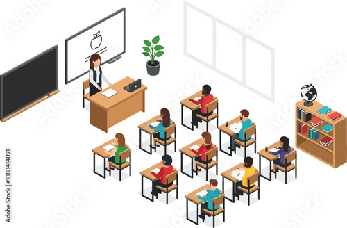 Isometric classroom interior with teacher and students learning vector