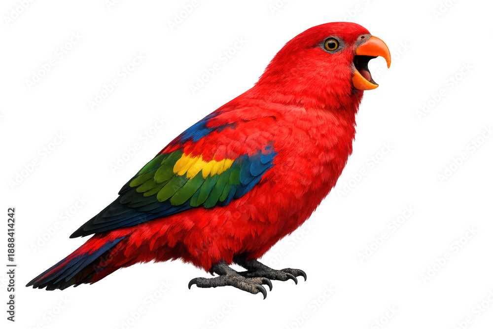 Obraz premium Red lory parrot squawking, showing colorful feathers, vibrant tropical bird wildlife with transparent background