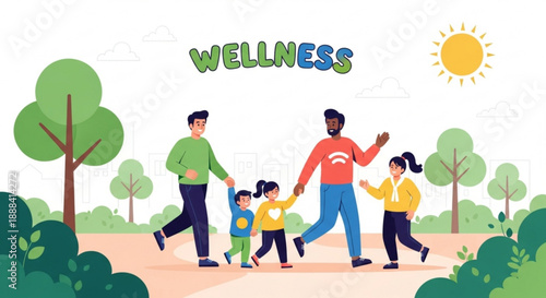 Family walking together outdoors in a park for wellness