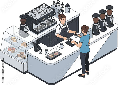 Isometric coffee shop counter with barista serving customer vector