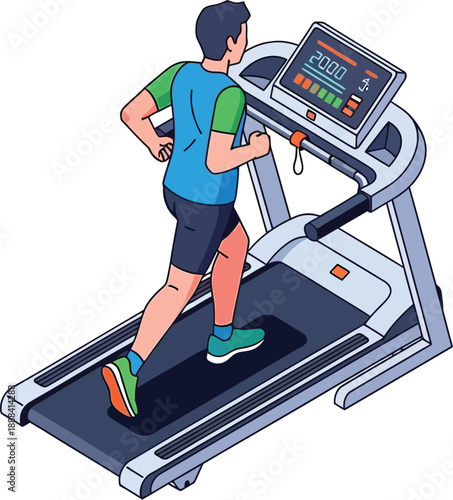 Isometric man running on treadmill in gym fitness concept vector
