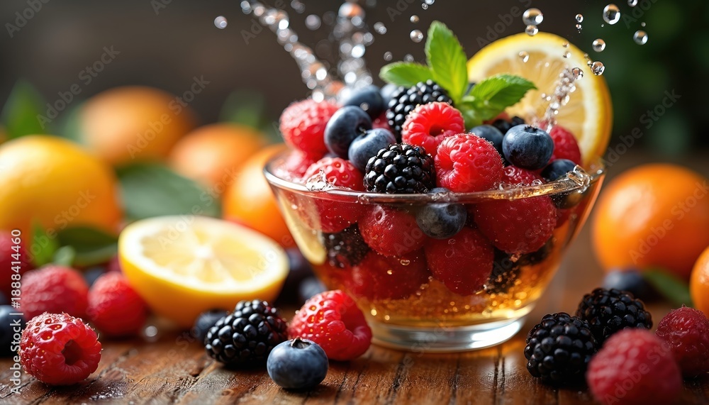 Fototapeta premium Mixed fresh berries like raspberries blueberries blackberries in bowl with water splash. Juicy fruits like lemon oranges surround glass dish. Healthy dessert background, natural sweetness.