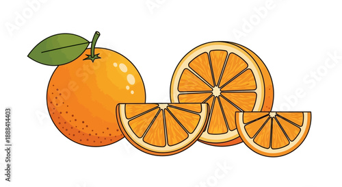 Fresh Juicy Orange Fruits with Bright Colorful Slices in a Minimalist Illustration